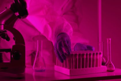 Cientista de jaleco manipula tubos de ensaio diante de um microscópio em um laboratório.