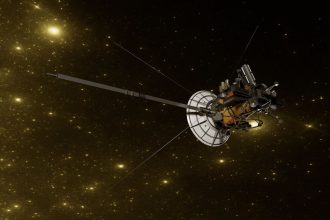 Ilustração de uma sonda espacial navegando pelo universo estrelado.
