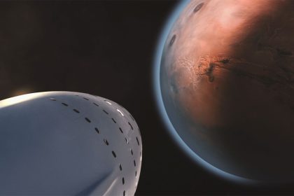 Ilustração de uma nave espacial se aproximando de Marte